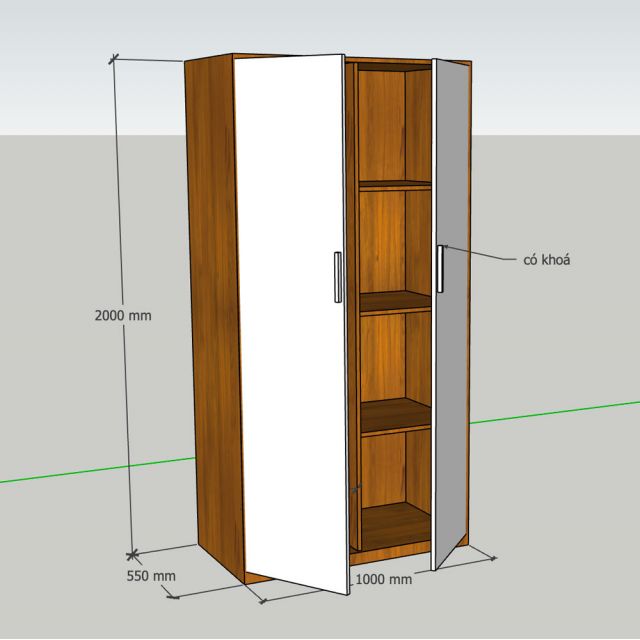 Tủ quần áo 2 cánh 100x55x200cm gỗ cao su TQA68088