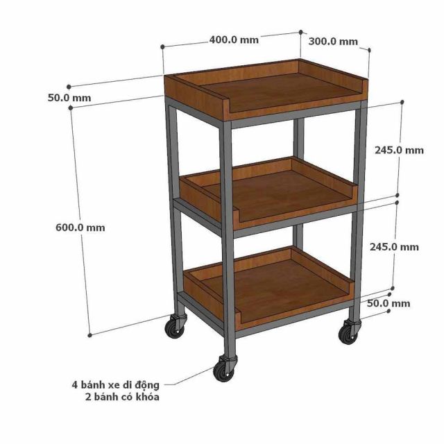 Kệ gia vị di động 40x30x60cm gỗ cao su khung sắt KB68099