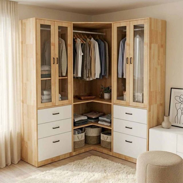 Tủ quần áo góc tường 160x60x160cm gỗ cao su TQA68091