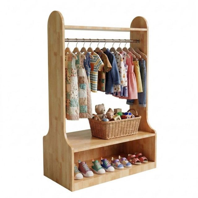 Tủ kệ treo quần áo trẻ em 60x40x120cm gỗ cao su TREM015
