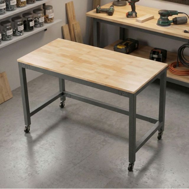 Bàn thao tác di động 120x60cm gỗ cao su chân sắt lắp ráp WSTB005