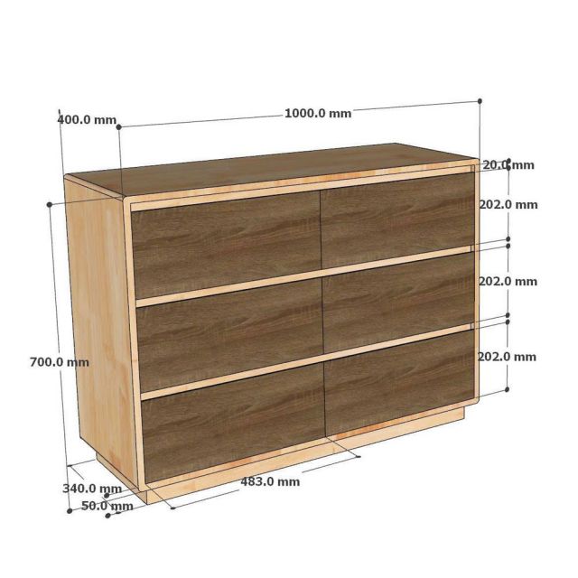 Tủ 6 hộc kéo 100x40x75cm  gỗ cao su phối cửa plywood KTB68269