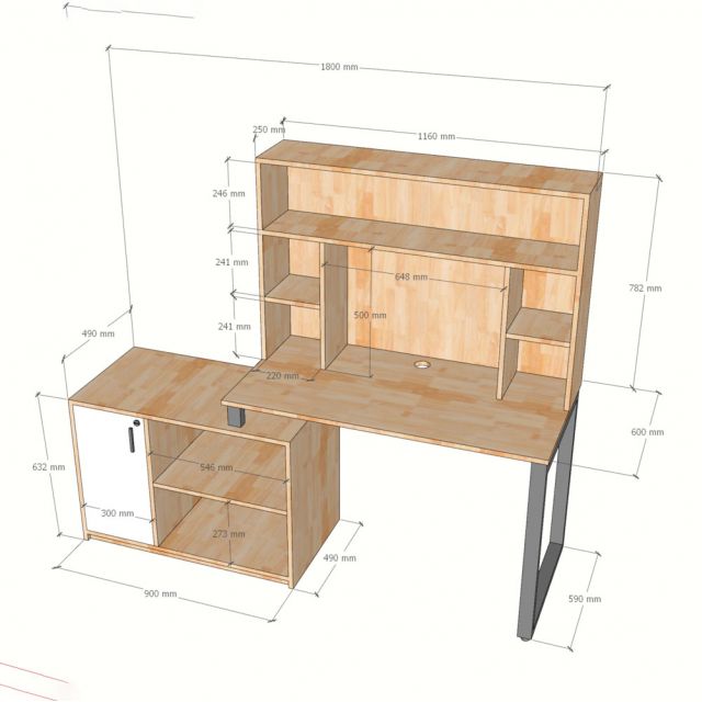 Bàn làm việc gác tủ 180x60x158cm gỗ cao su BD68185