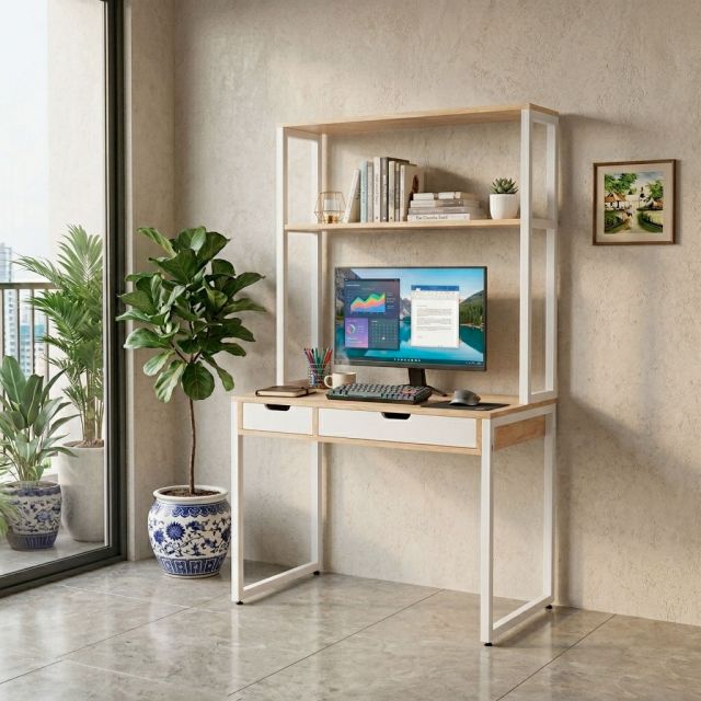 Bàn học liền kệ sách 100x60x170cm gỗ cao su FD68091