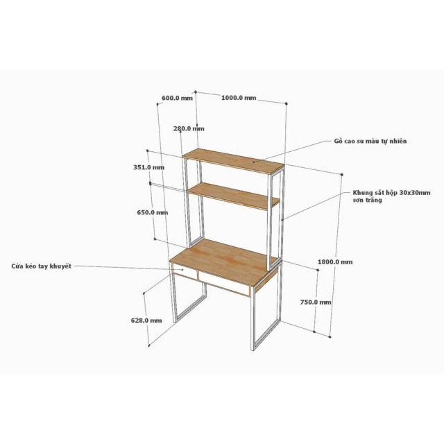Bàn học liền kệ sách 100x60x170cm gỗ cao su FD68091