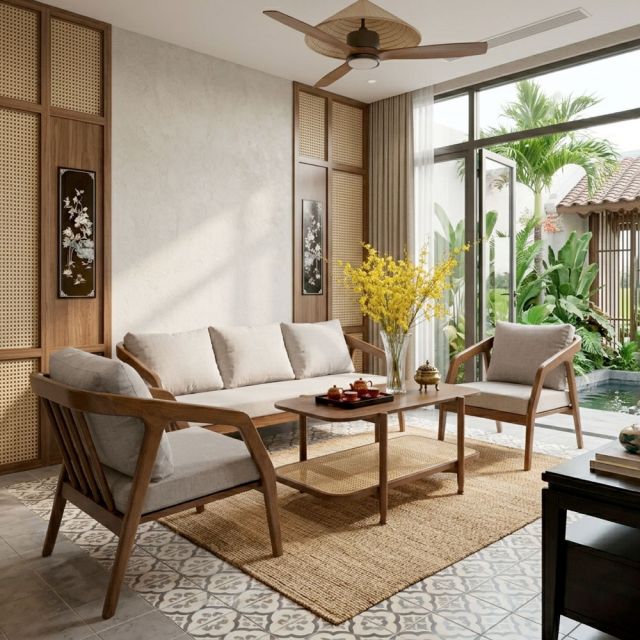 Combo bàn ghế sofa gỗ KANA CBSF68075