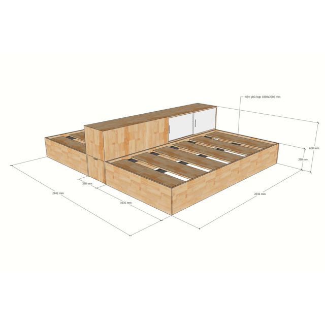 Giường ngủ đôi 245x204x63cm gỗ cao su GN68065