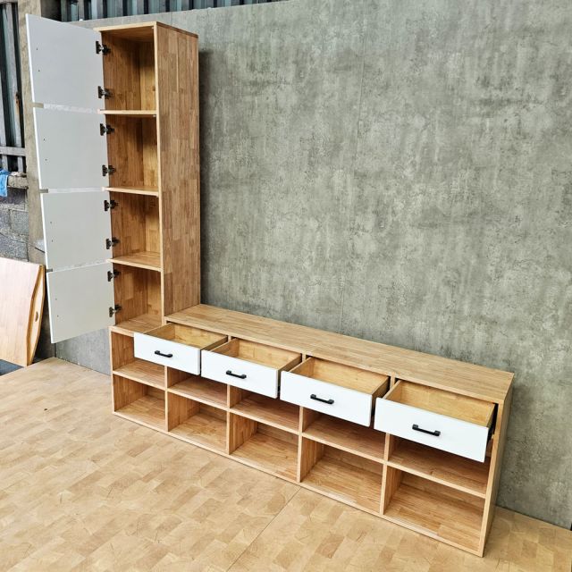 Hệ tủ kệ trang trí 225x32x225cm gỗ cao su KTT68077