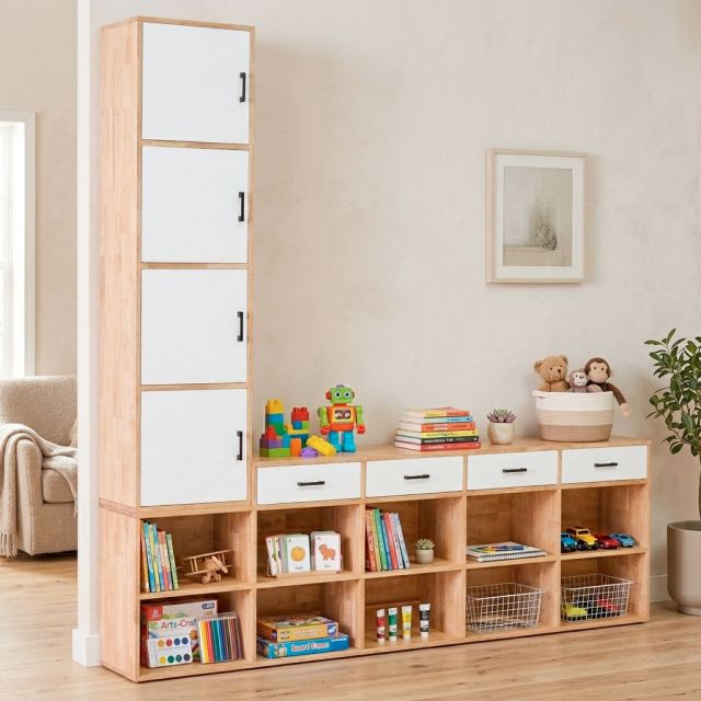 Hệ tủ kệ trang trí 225x32x225cm gỗ cao su KTT68077