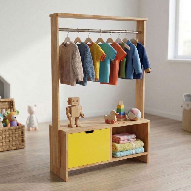 Kệ treo quần áo trẻ em 80x30x130cm gỗ cao su TREM005