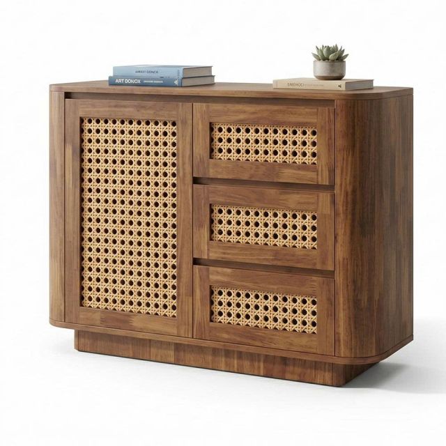 Tủ trang trí JINU 100x40x78cm gỗ cao su cửa lưới mây KTT68078