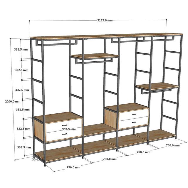 Kệ tủ treo quần áo 312x30x200cm gỗ cao su TQA68095
