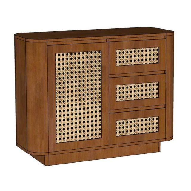 Tủ trang trí JINU 100x40x78cm gỗ cao su cửa lưới mây KTT68078