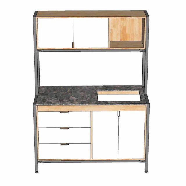 Kệ nhà bếp 126x60cm gỗ cao su mặt đá chân sắt KTB68274