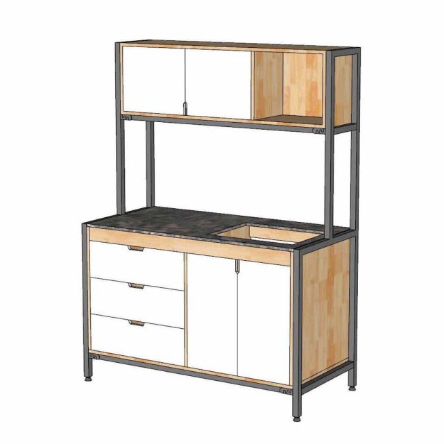 Kệ nhà bếp 126x60cm gỗ cao su mặt đá chân sắt KTB68274