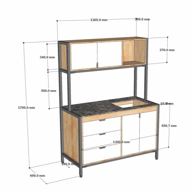 Kệ nhà bếp 126x60cm gỗ cao su mặt đá chân sắt KTB68274