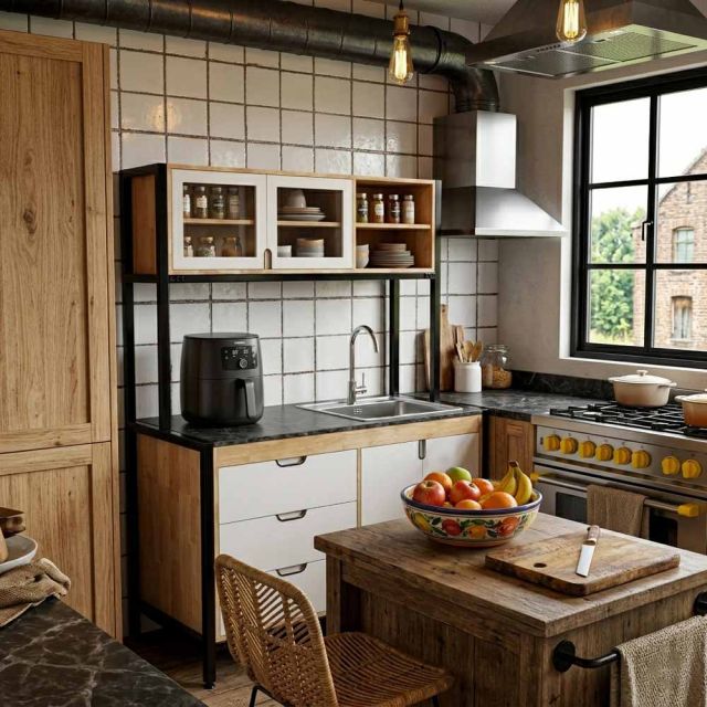 Kệ nhà bếp 126x60cm gỗ cao su mặt đá chân sắt KTB68274