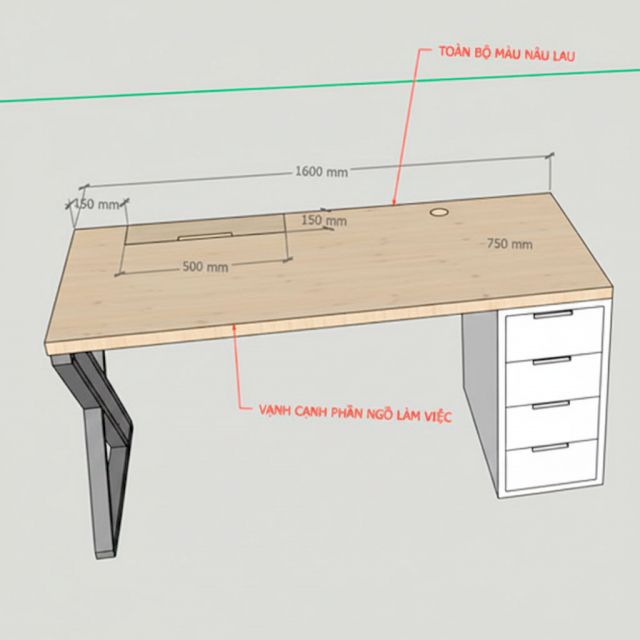 Bàn làm việc chân tủ 160x75cm gỗ tự nhiên BD68188