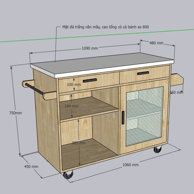 Bàn đảo bếp di động gỗ cao su KISL013