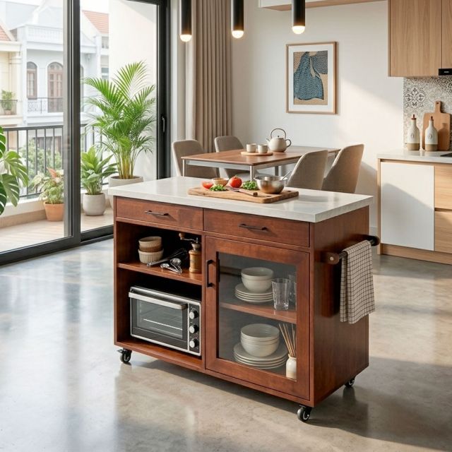 Bàn đảo bếp di động gỗ cao su KISL013