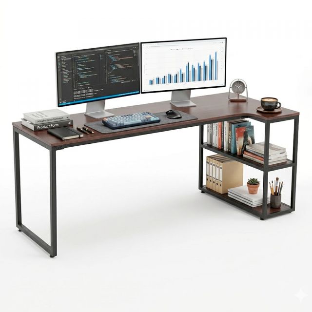 Bàn góc L liền kệ 180x80cm gỗ cao su CD68051