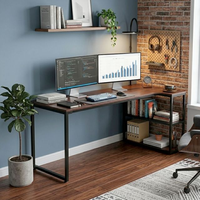 Bàn góc L liền kệ 180x80cm gỗ cao su CD68051