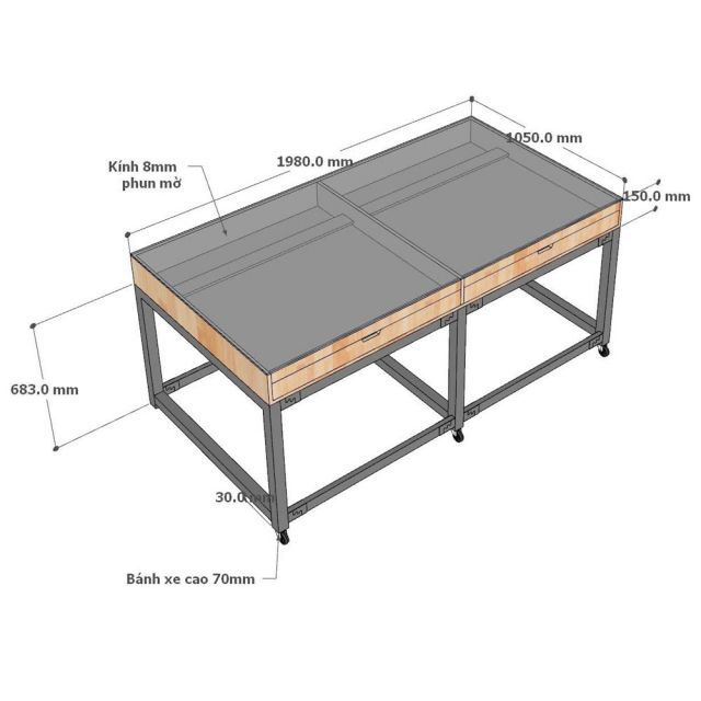 Bàn thao tác 198x105x75cm gỗ cao su WSTB007