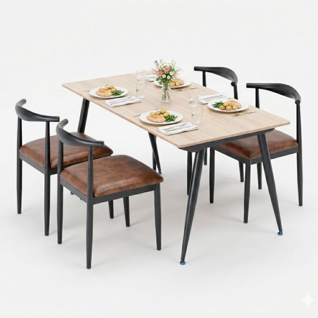 Combo bàn ăn chữ nhật 120x70cm và 4 ghế Bull sắt BBA233