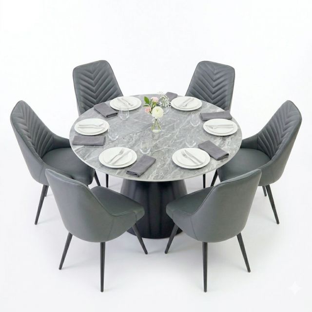 Combo bàn ăn tròn và 6 ghế ăn bọc da BBA234