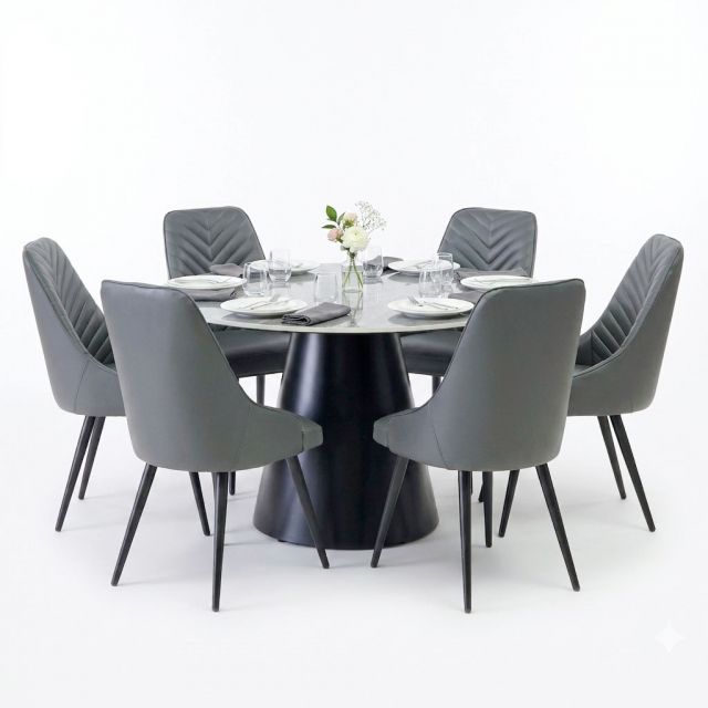 Combo bàn ăn tròn và 6 ghế ăn bọc da BBA234