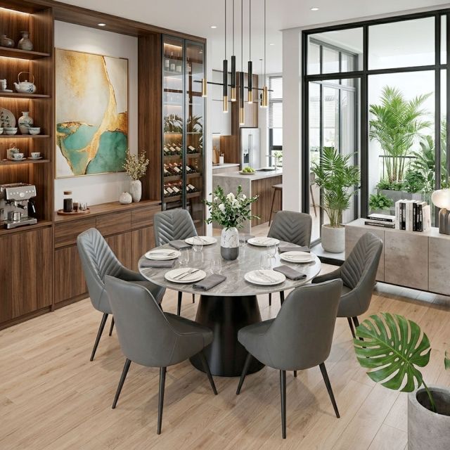 Combo bàn ăn tròn và 6 ghế ăn bọc da BBA234