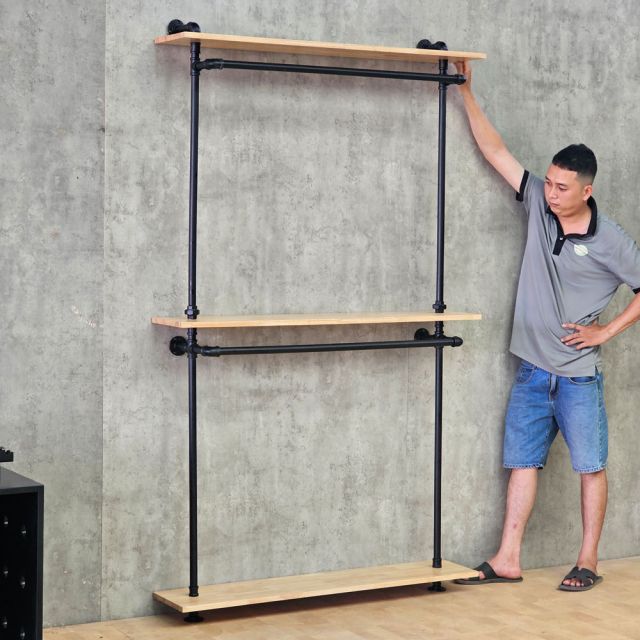 Kệ treo quần áo ống nước 120x25x215cm gỗ cao su PPF031