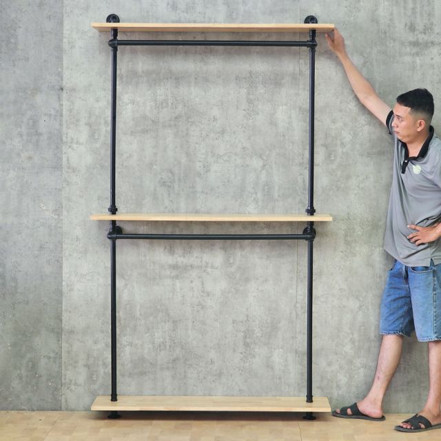 Kệ treo quần áo ống nước 120x25x215cm gỗ cao su PPF031