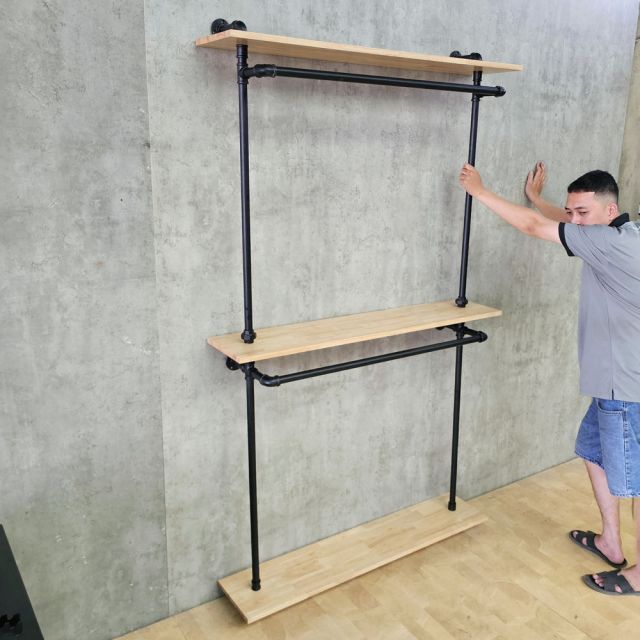 Kệ treo quần áo ống nước 120x25x215cm gỗ cao su PPF031