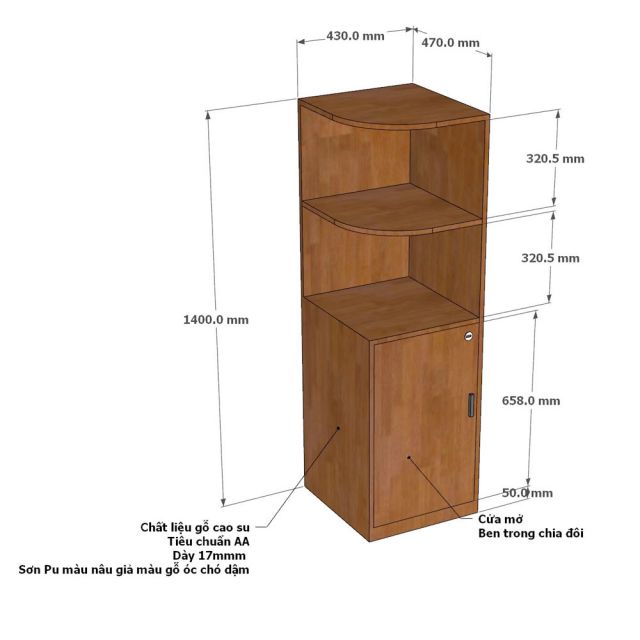 Kệ tủ góc tường 43x47x140cm gỗ cao su KGT68059