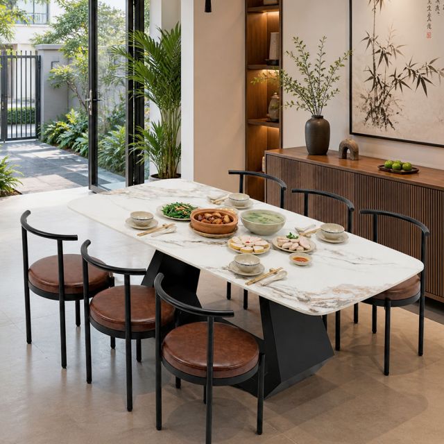 Combo bộ bàn ăn mặt đá và 6 ghế bọc nệm CBBA127