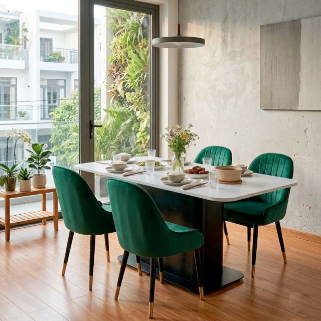 Combo bàn ăn chữ nhật và 4 ghế Monet bọc vải BBA235