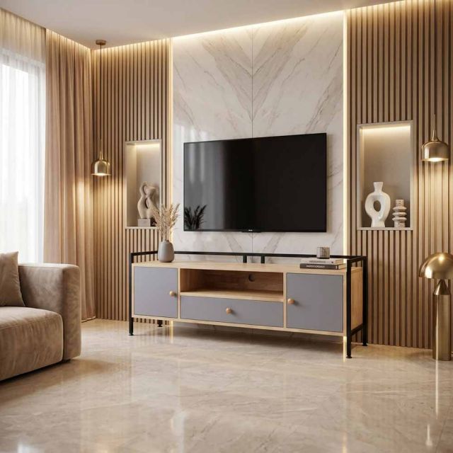 Kệ tivi hiện đại ALAN 140cm gỗ cao su khung sắt KTV68081
