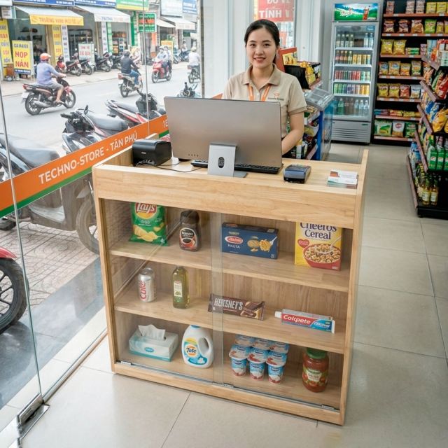 Quầy tính tiền có kệ trưng bày gỗ cao su BLT68033
