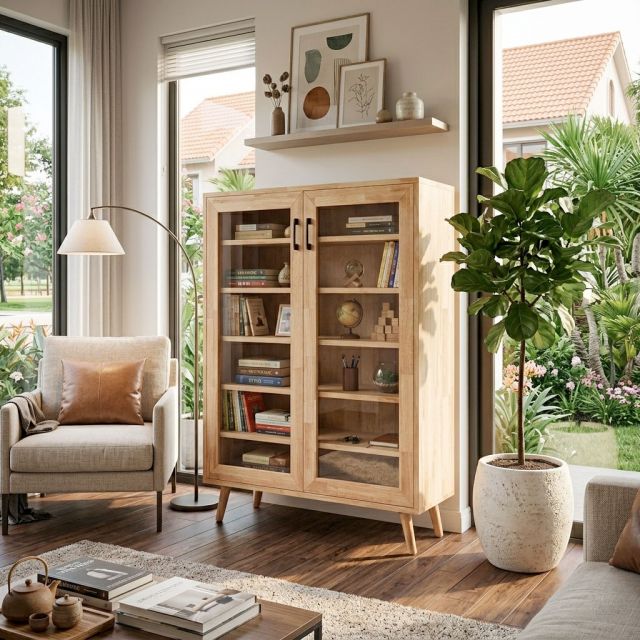 Tủ trưng bày cửa kính NOLAN 100x30x120cm gỗ cao su KTB68217