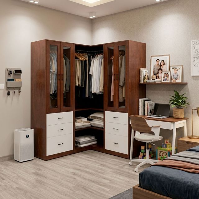 Tủ quần áo góc tường 160x60x160cm gỗ cao su TQA68091