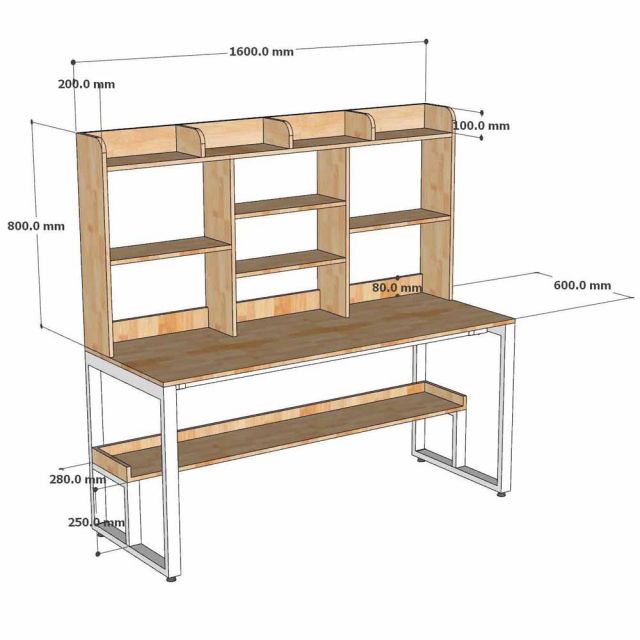 Bàn học liền kệ sách 160x60x155cm gỗ cao su FD68092