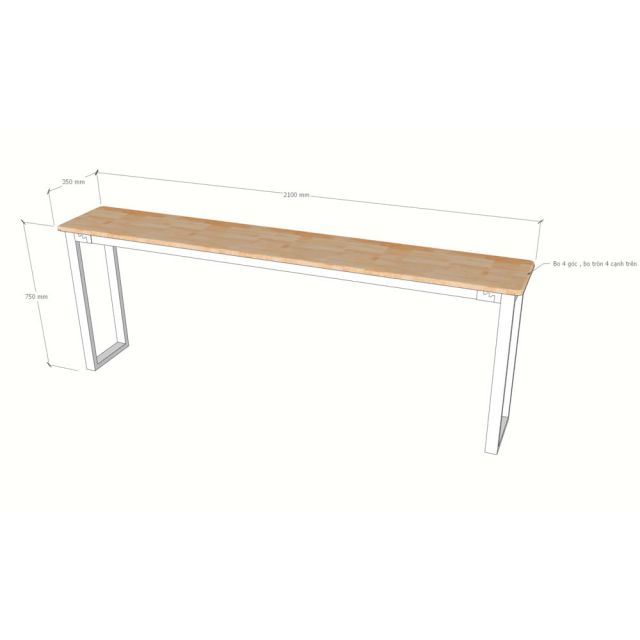 Bàn làm việc 210x35cm gỗ cao su HBRT140