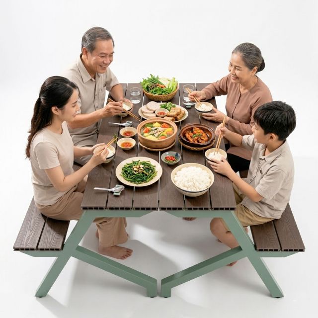 Combo 2 ghế băng liền bàn gỗ cao su 4 người ngồi GBD080