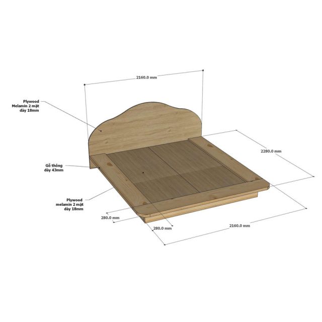 Giường ngủ 216x228cm gỗ thông kết hợp plywood GN68078