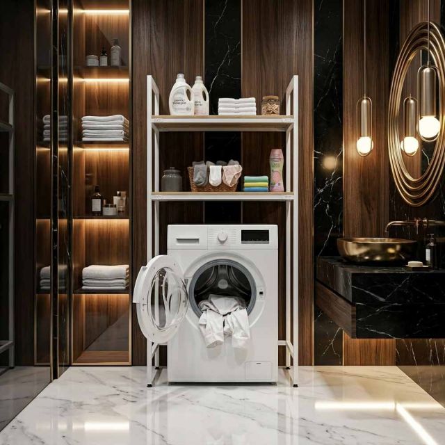 Kệ máy giặt 94x40x180cm gỗ cao su khung sắt KMG68035