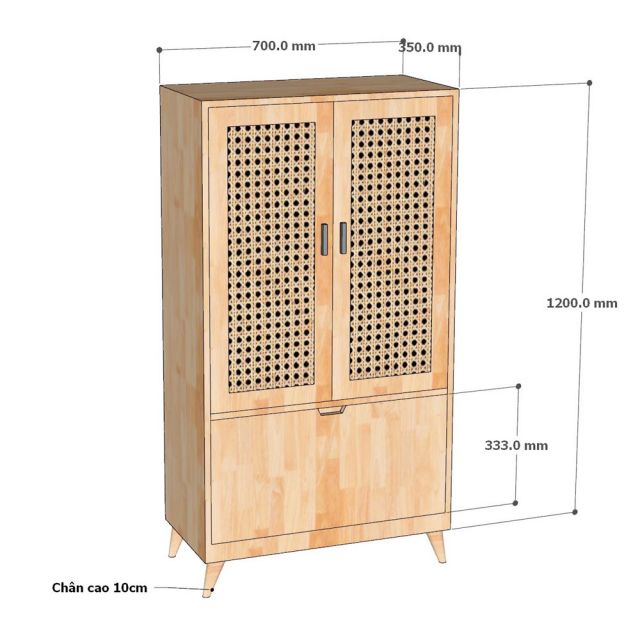 Tủ giày dép cửa lưới mây 70x35x130cm gỗ cao su KG68127