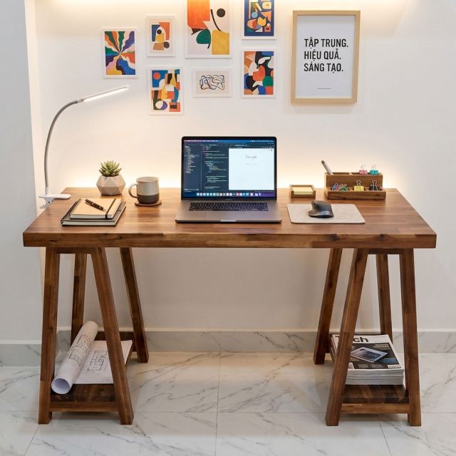 Bàn làm việc 140x60cm gỗ tràm kết hợp kệ để CPU BD68176