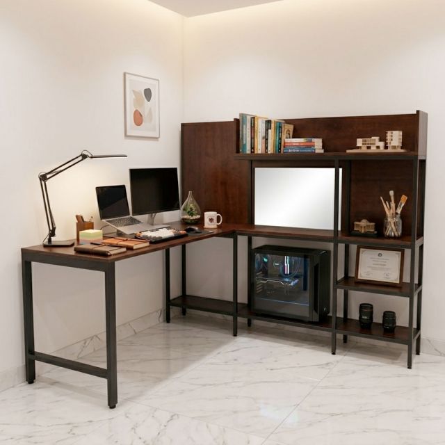 Bàn góc L liền kệ 185x180x145cm gỗ cao su FD68093