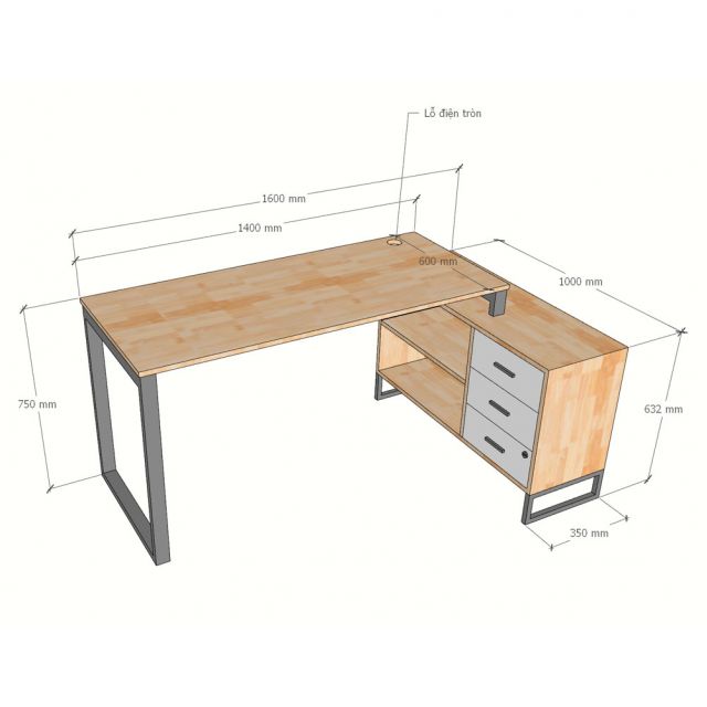 Bàn làm việc gác tủ 160x100cm gỗ cao su hệ Rectang HBRT142